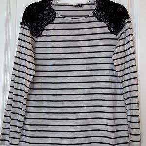 Striped Long Sleeve Tee with Lace Accent
